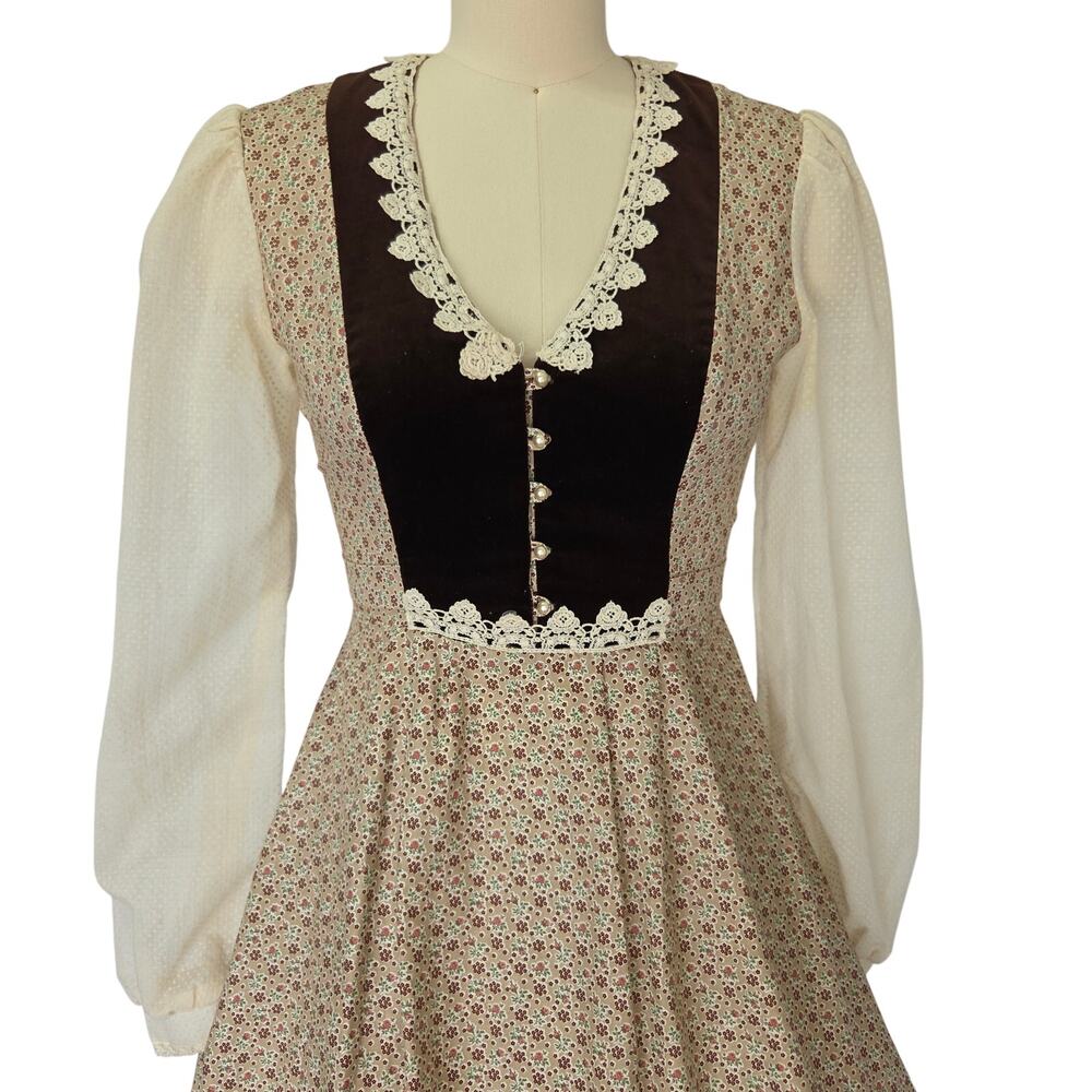 Gunne Sax Vintage 70s Brown Floral Midi Dress Size 7 S Velvet Prairie Calico - Picture 3 of 11
